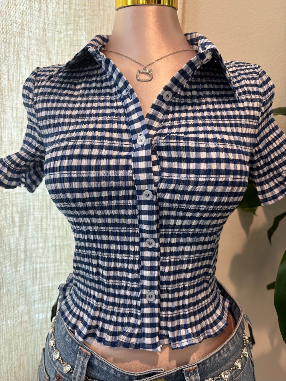 Navy & White Gingham Button-Front Women's Top